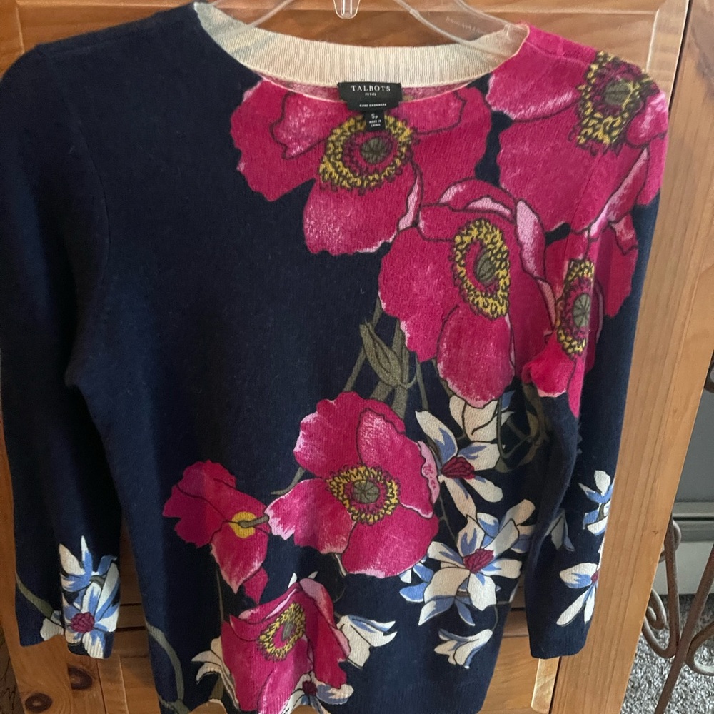 Talbots Women's Navy and Pink Floral Sweater